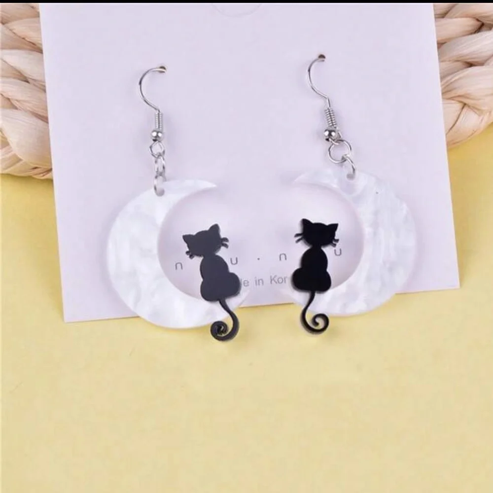 🐈‍⬛  Black Cat & Crescent Moon Pendant Earrings❗️ Bohemian Style Earrings❗️